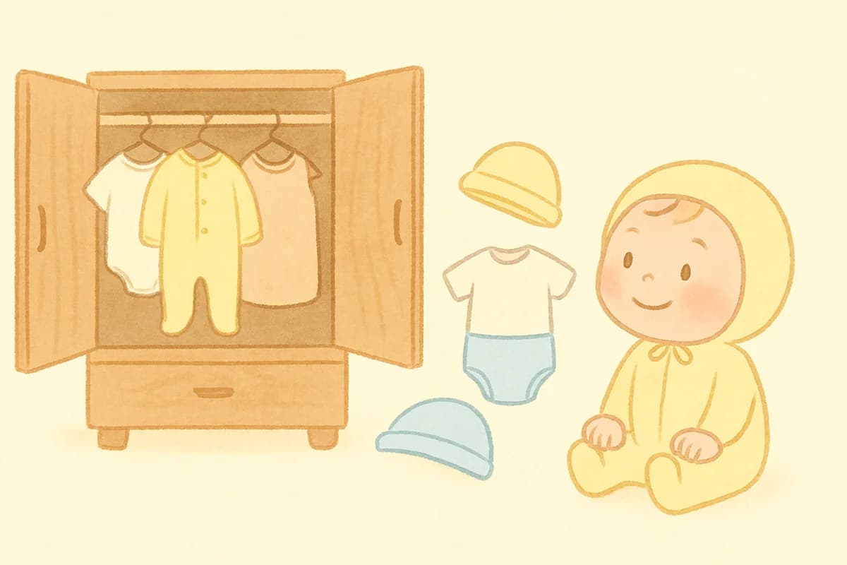 クローゼットの中の服から、今日の服装(肌着・ロンパース・帽子)が選ばれて並んでいるイラスト